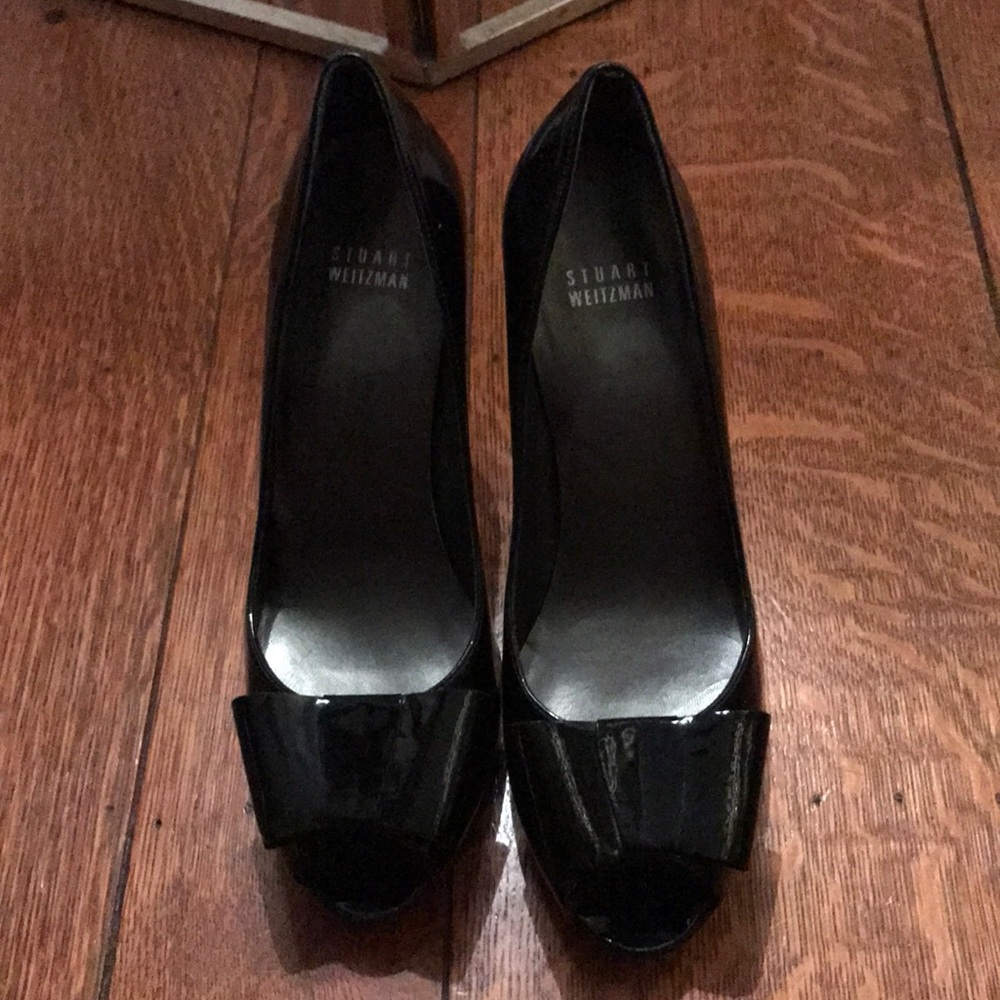Stuart Weitzman open toe black patent hi heels